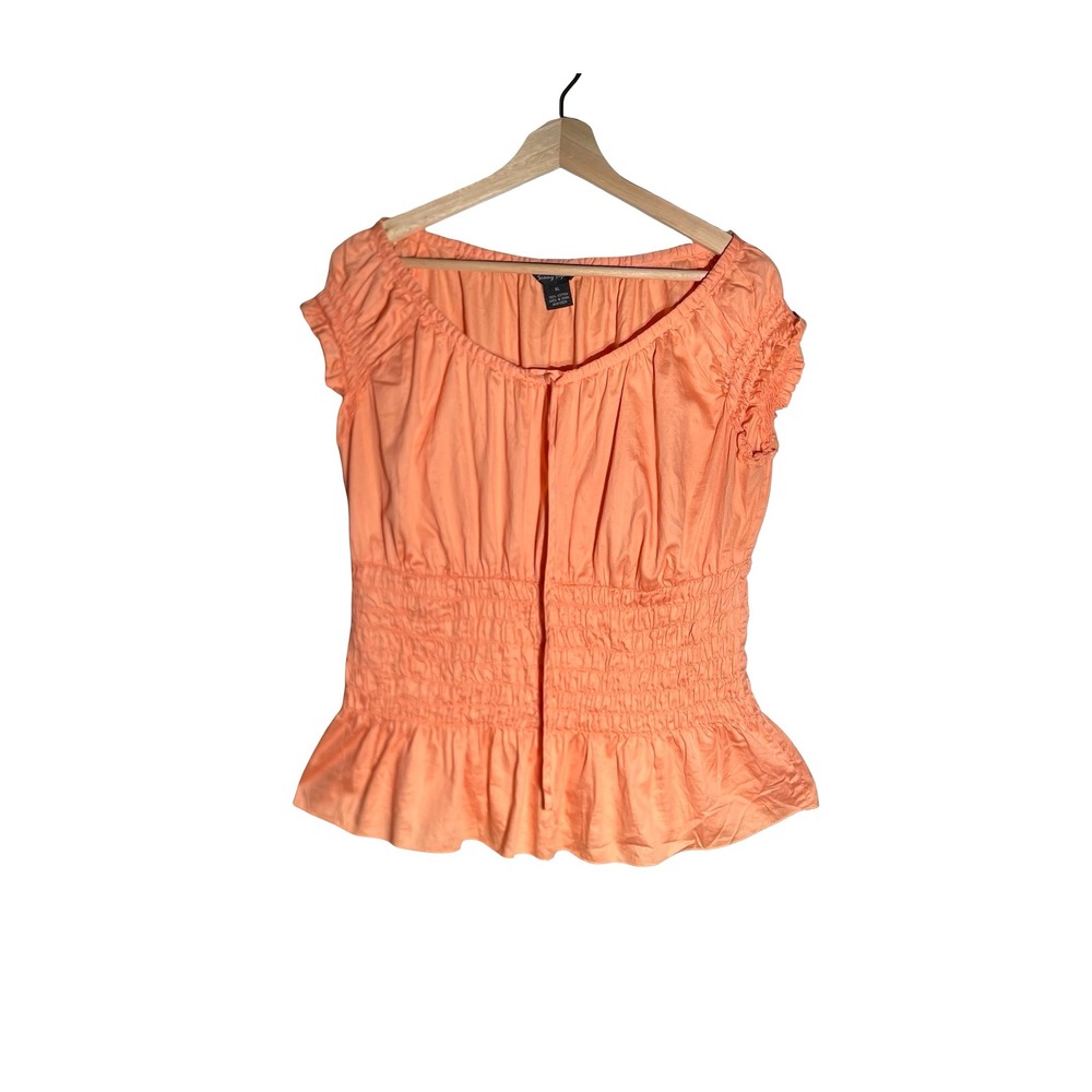 Sunny Taylor Peach Orange Smocked Peplum Blouse Cotton Cap Sleeve Top XL